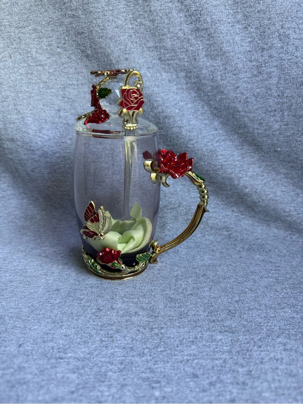Source Unknown Red Rose and Gold Glass Mug with Butterfly Accent